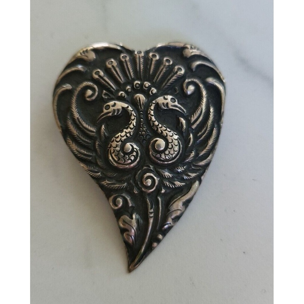 Antique Repousse Peacock Heart Brooch 800 Silver Vintage Jewelry